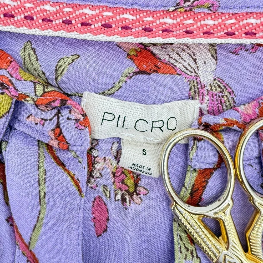 Pilcro Floral Bird Button Down Shirt Womens Sm Purple Viscose Blouse - Picture 6 of 8